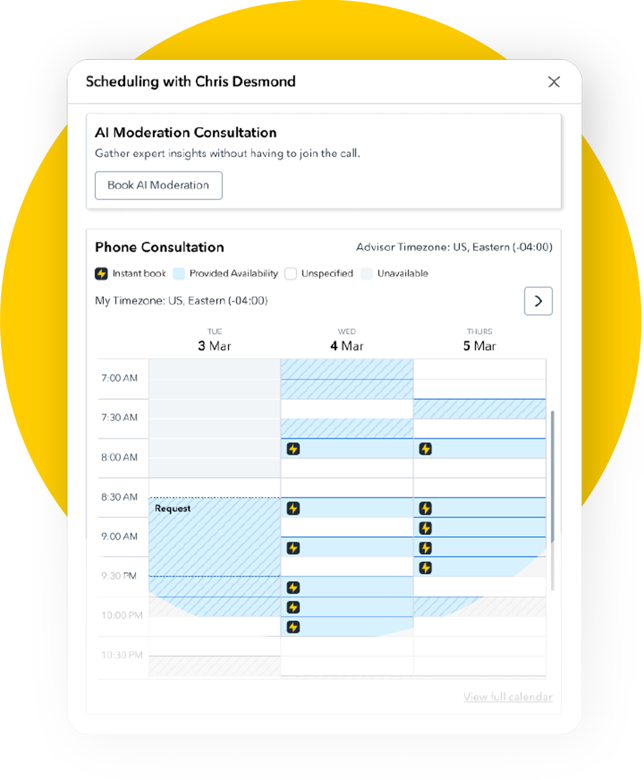 Scheduling interface showing Chris Desmond's calendar with AI Moderation and Phone Consultation availability slots