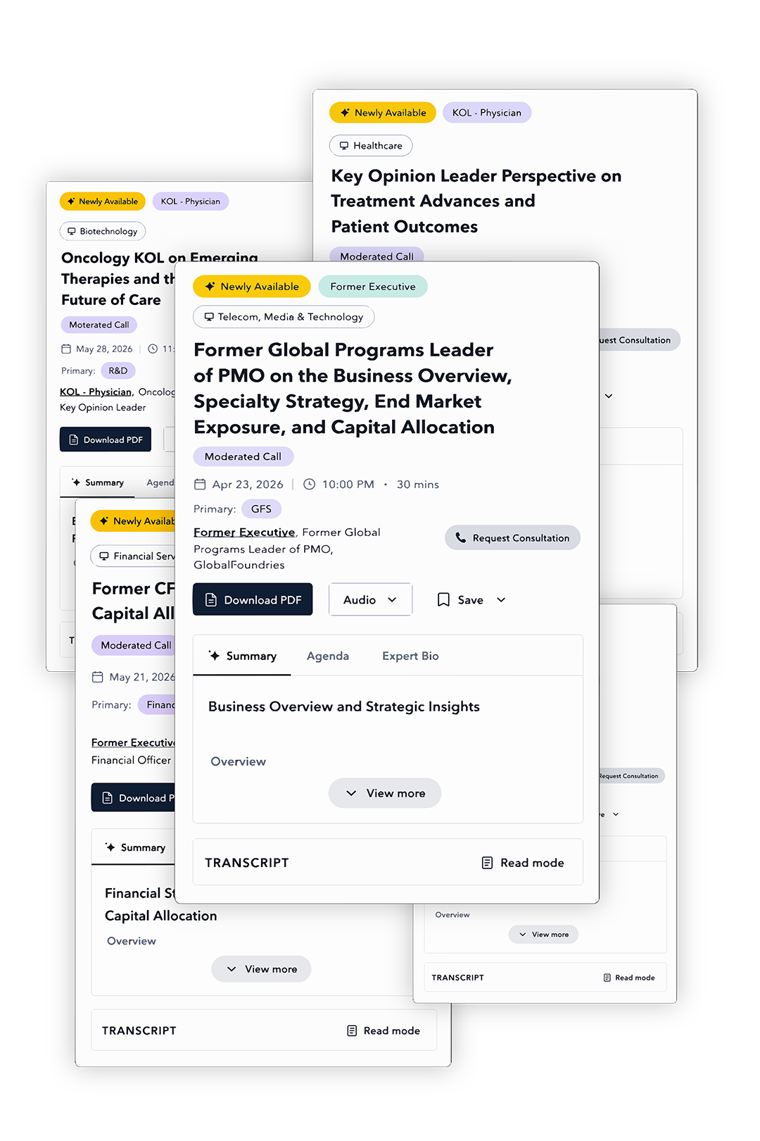 Screens displaying moderated calls and expert insights in healthcare and finance.