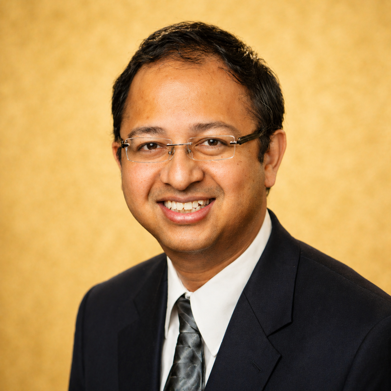 A smiling man in a suit and tie against a gold background.