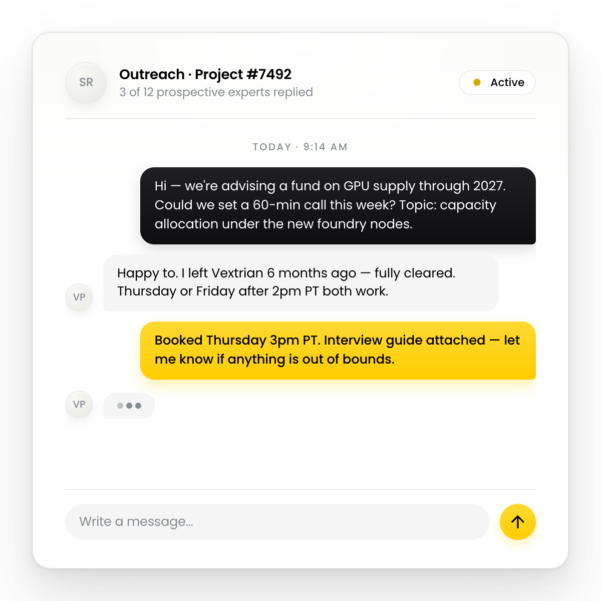 Chat interface discussing a call on GPU supply, including schedule and interview guide attachment.