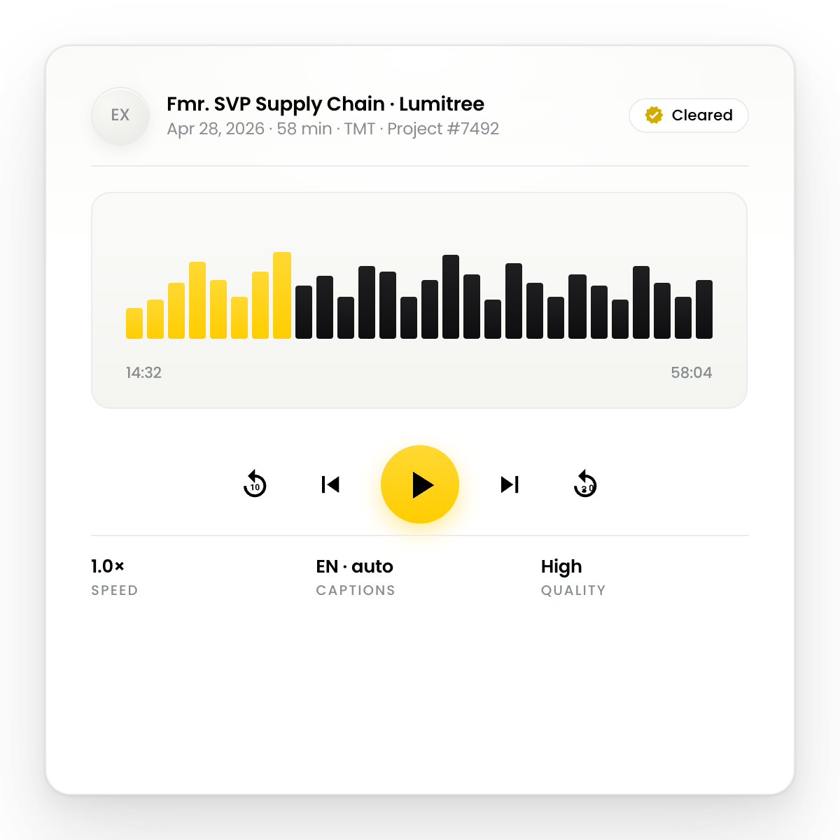 Audio player UI showing playback controls and waveform graph.