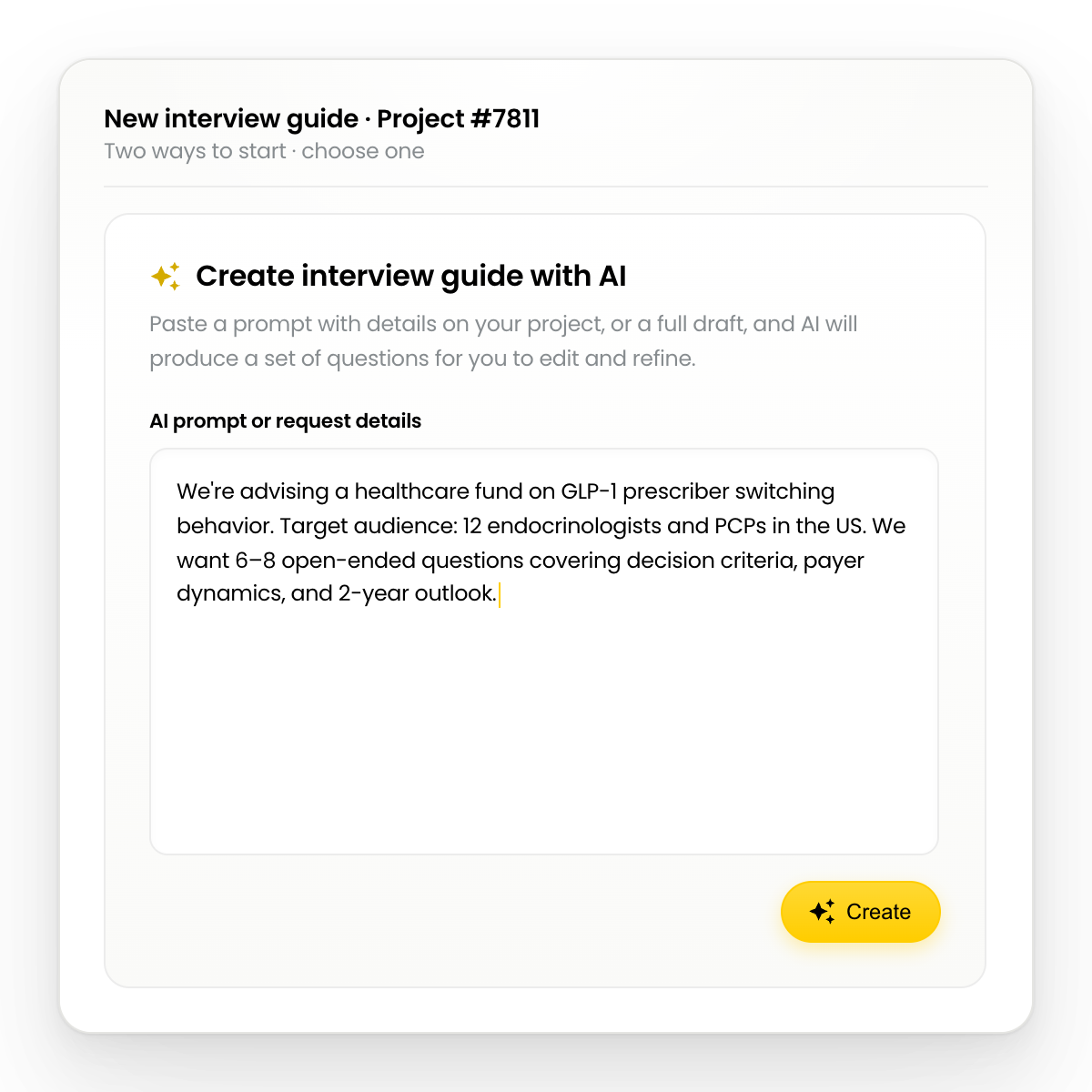 AI interface for creating interview guides with healthcare focus on GLP-1 prescriber behavior.