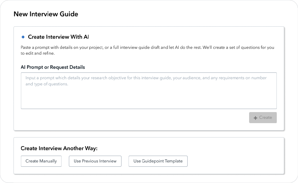 AI-powered interview guide creation interface with input prompt box.