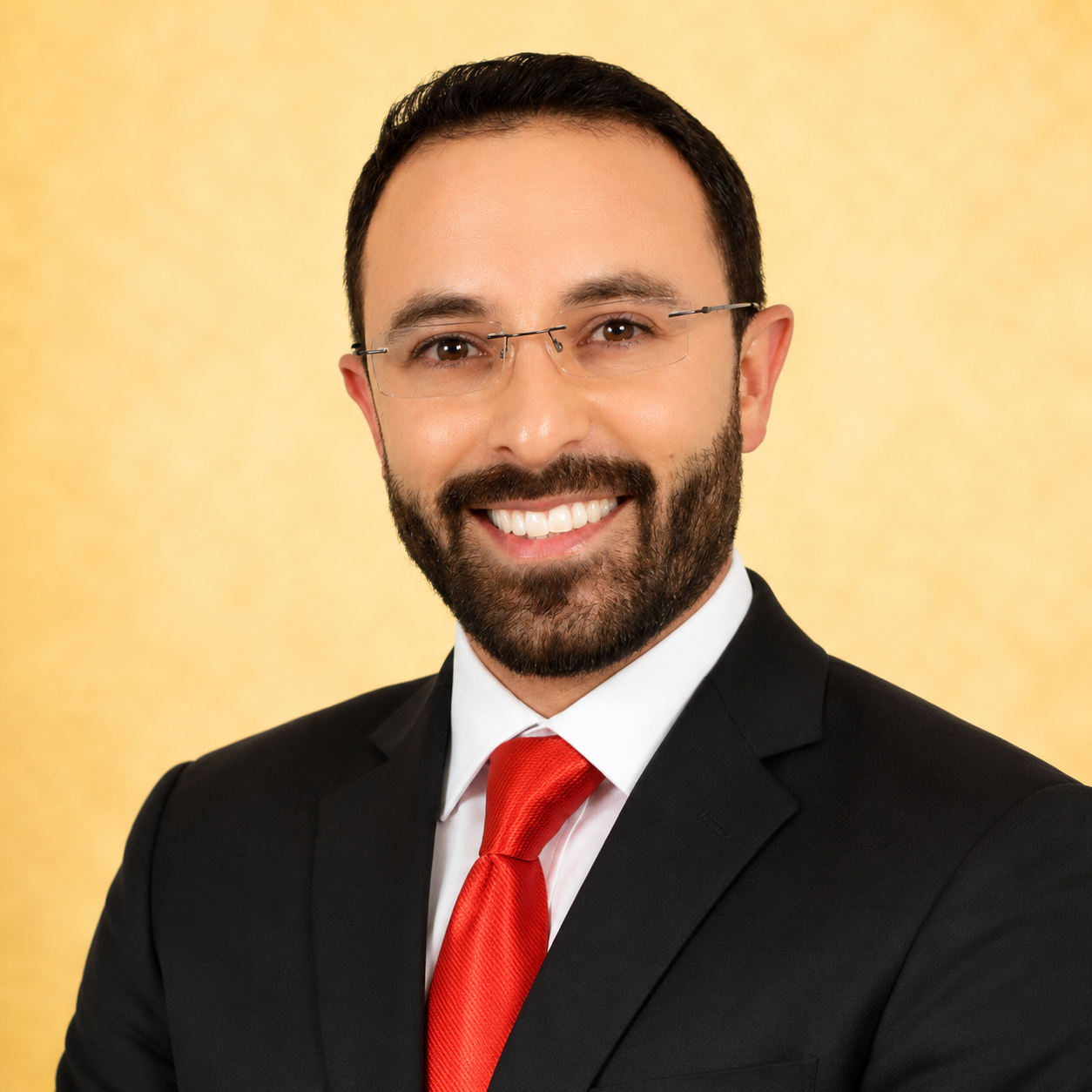 A man in a suit with a red tie and glasses smiles against a yellow background.