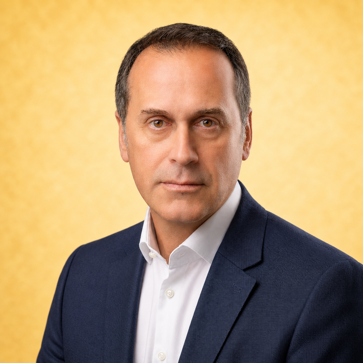 A man in a business suit against a yellow background.