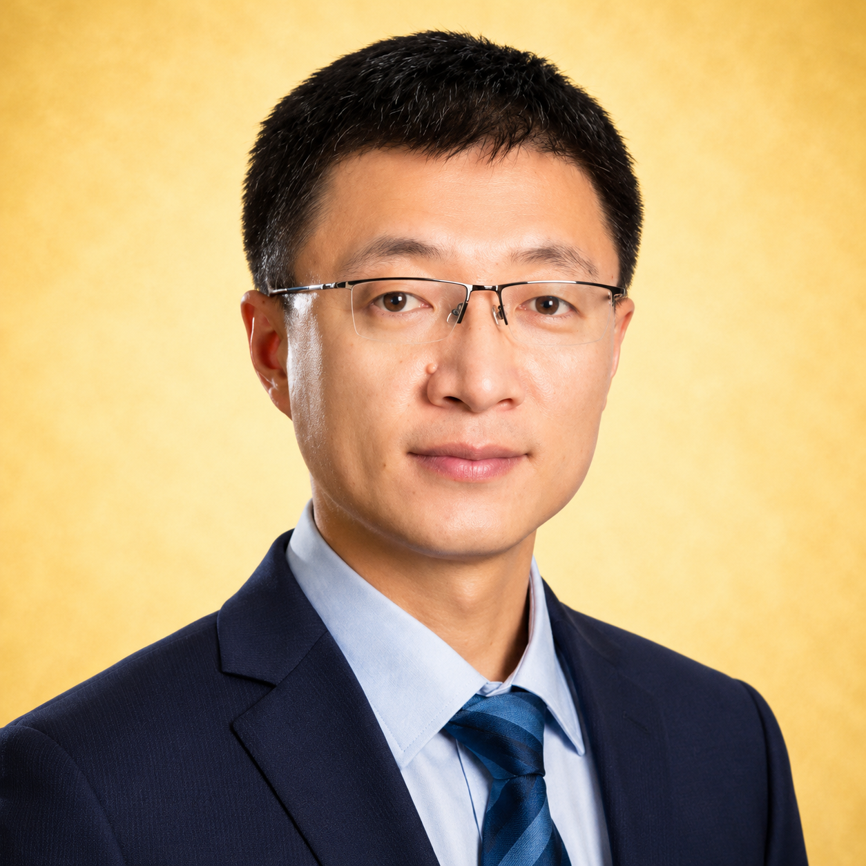 A man in a suit and tie against a yellow background.