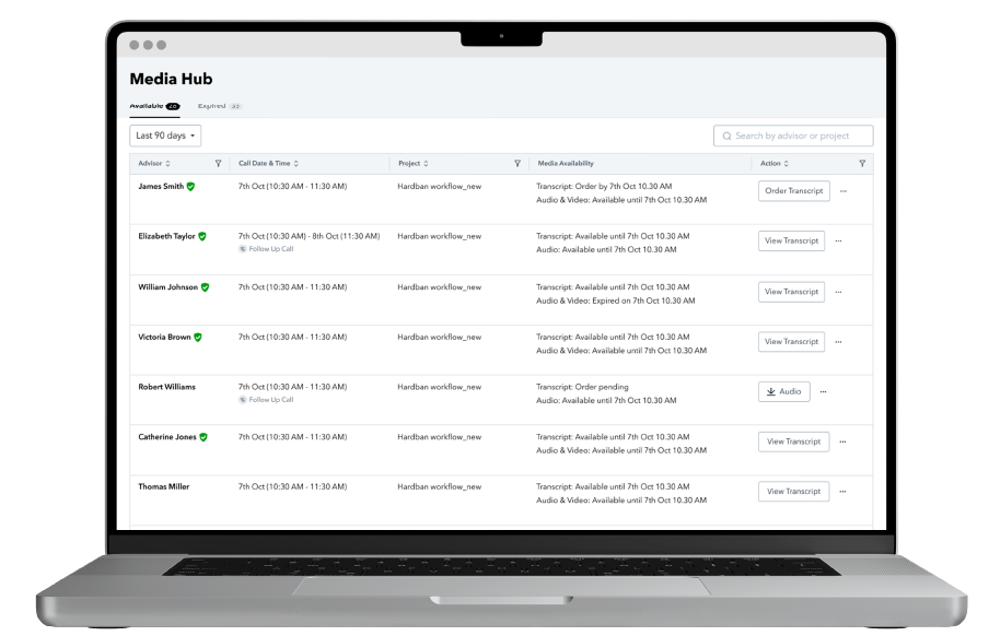 Laptop displaying a media management dashboard with advisor schedule.
