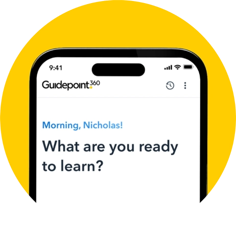 Smartphone screen with Guidepoint360 app greeting 'Morning, Nicholas!' and prompt 'What are you ready to learn?'