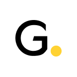 Minimalist black letter G logo with a small yellow dot on a white circular background