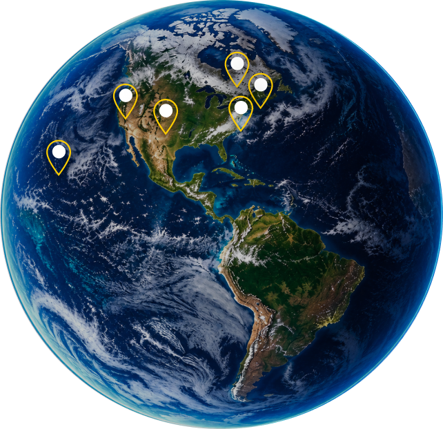 Satellite view of Earth centered on the Americas with yellow map pins marking locations across North America and Pacific.