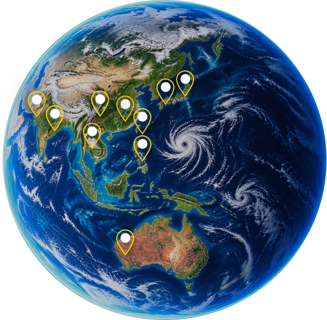 Earth centered on Asia-Pacific with yellow pins marking locations across Asia and Australia, and swirling cyclones nearby