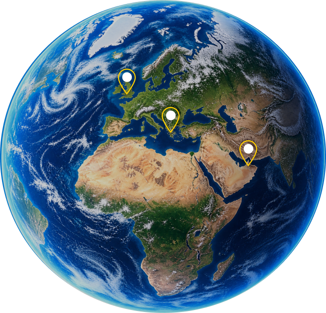 Satellite view of Earth showing Europe, Africa and Middle East with three yellow location pins marking sites