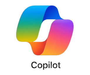 Colorful gradient ribbon forming Copilot logo on black background with 'Copilot' text beneath