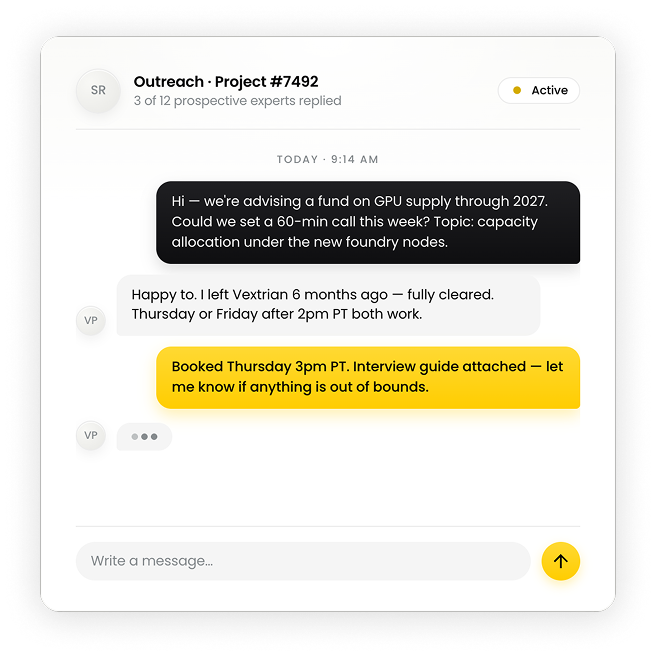 Messaging interface Outreach · Project #7492 showing replies and a scheduled Thursday 3pm PT interview about GPU supply and capacity allocation.