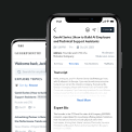 Two smartphones displaying a mobile job search: list of openings and a detailed job posting on a careers app