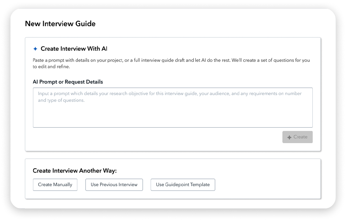 New Interview Guide webpage with Create Interview With AI prompt box and three buttons for creating interviews