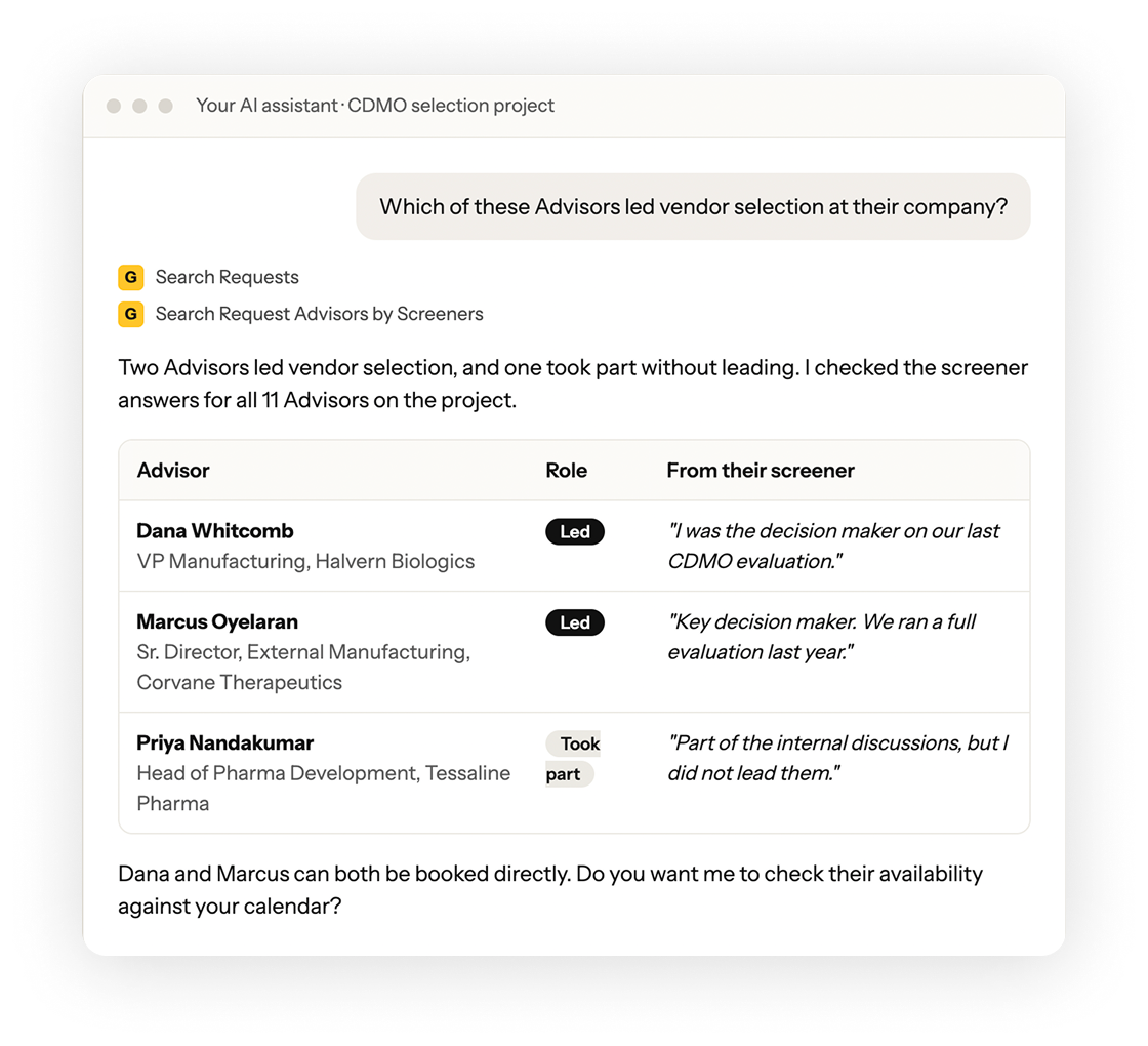 Screenshot of AI assistant UI listing advisors who led vendor selection, showing a table with three advisor entries.