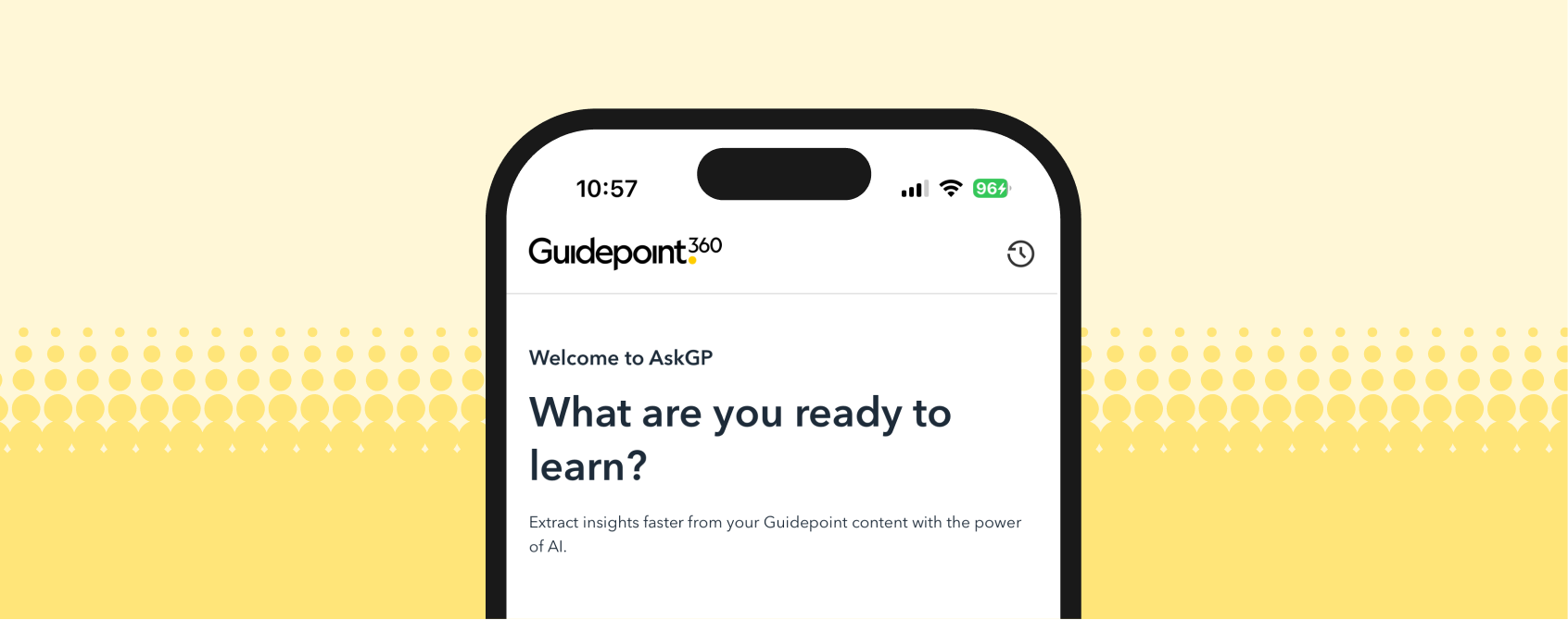 Smartphone mockup showing Guidepoint360 AskGP page reading What are you ready to learn? on yellow background