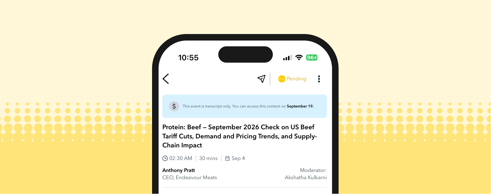 Phone screen showing event listing 'Protein: Beef — Sept 2026' about US beef tariffs, demand, pricing, supply chain
