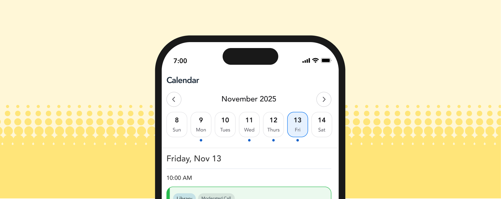 Smartphone screen showing a calendar app for November 2025, Nov 13 highlighted, events listed below