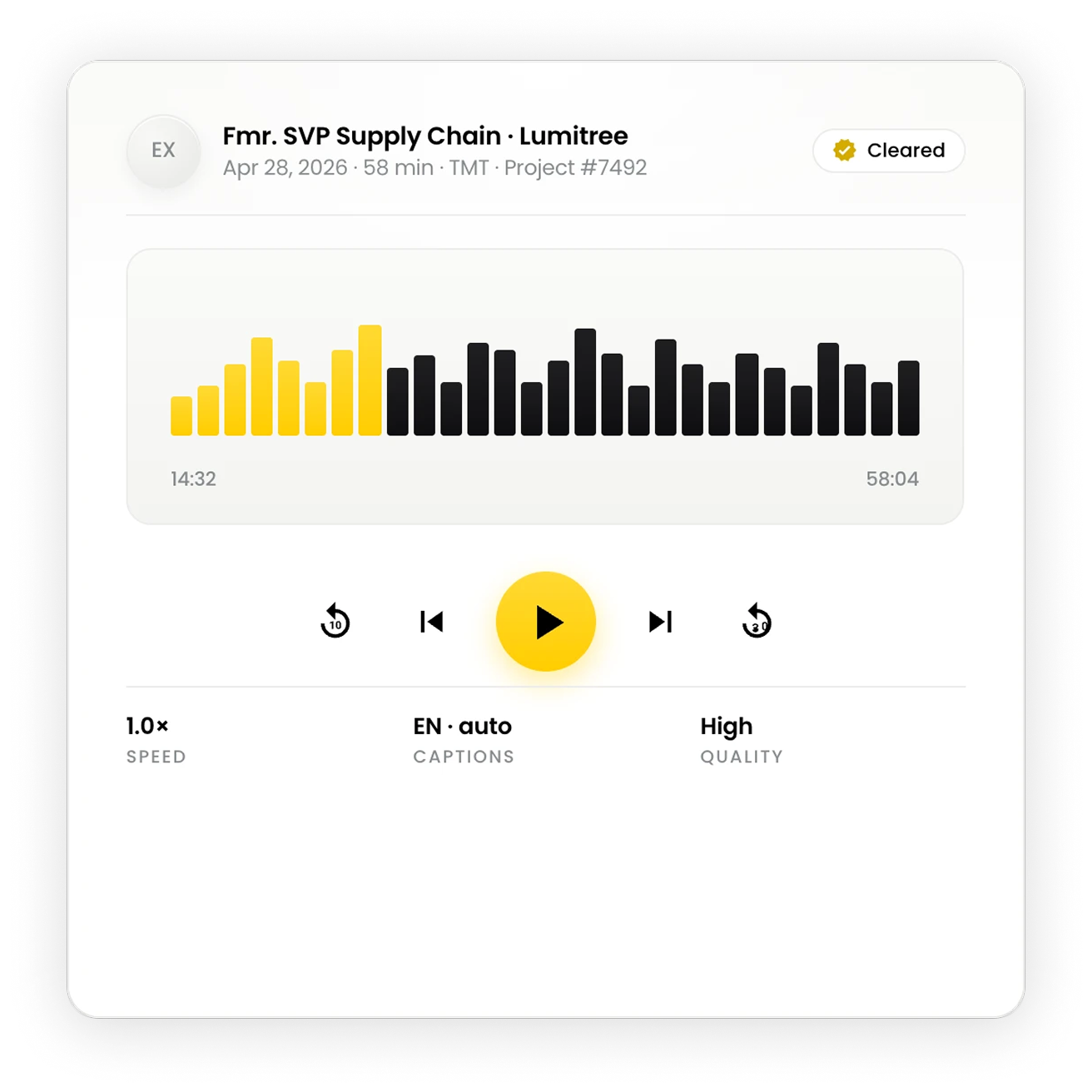 Audio player UI with yellow/black waveform, yellow play button, timestamps 14:32–58:04, 1.0× speed, EN captions