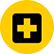 Yellow circle with black ring containing black rounded square and centered yellow plus sign