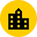 Flat blue office building icon on yellow circular background